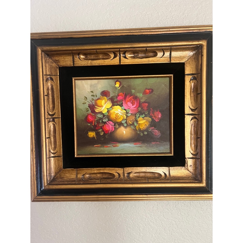 Ferber 1970s Hand Painted Signed Floral Oil Painting Ornate Gold Frame Art